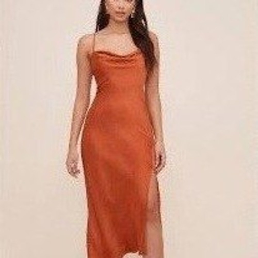 ASTR The Label Gaia Midi Dress Rust Orange Satin Cowl Neck Side Slit Size Medium
